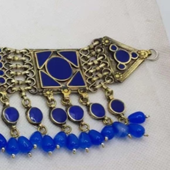 Blue Choker Necklace With Dangling Beads, Handmade Kuchi Necklace, Statement - Picture 4 of 6